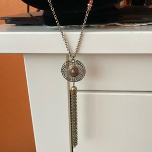 Charming Charlie’s 3 tiered pink necklace with Lacey circle drop